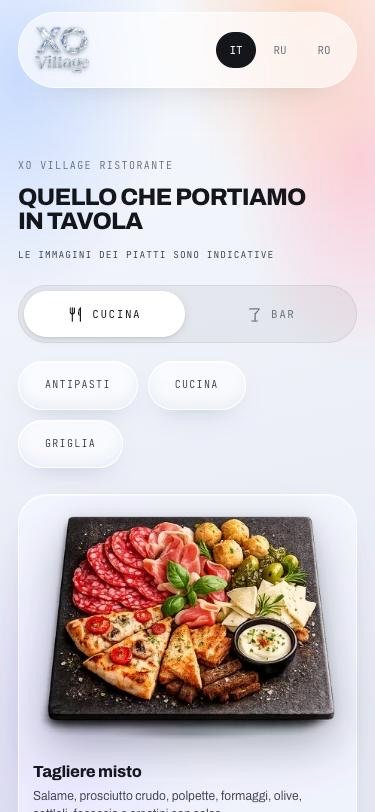 Il menu digitale di XO Village visto da smartphone